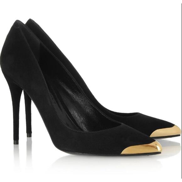 ALEXANDER MCQUEEN Gold Capped Suede Pumps Black Pointed Toe Women's 35.5/US 5.5 - Picture 10 of 10